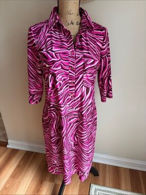 Jude Connally Susanna Stretch Shirt Dress Pink Gold Striped Abstract